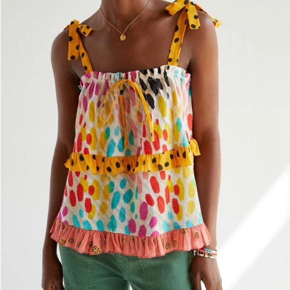 Anthropologie Tops - Anthropologie Animal Print Tie Strap Ruffle Tank Top